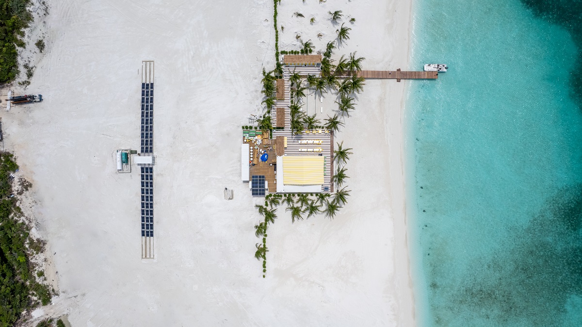 Aerial view of Solarator fully deployed on an island 